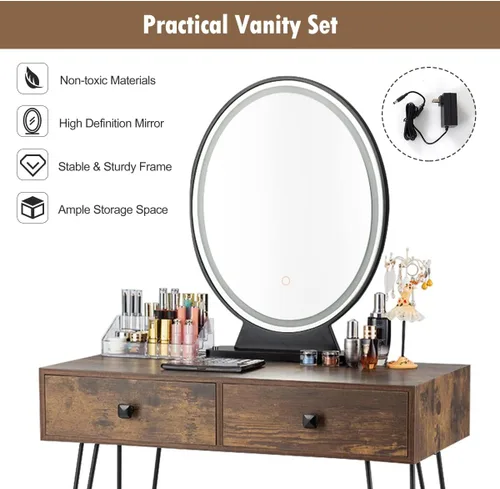 Vista 5 de KOTEK Juego de mesa de tocador con espejo iluminado, escritorio de maquillaje con taburete acolchado, espejo regulable de pantalla táctil de 3