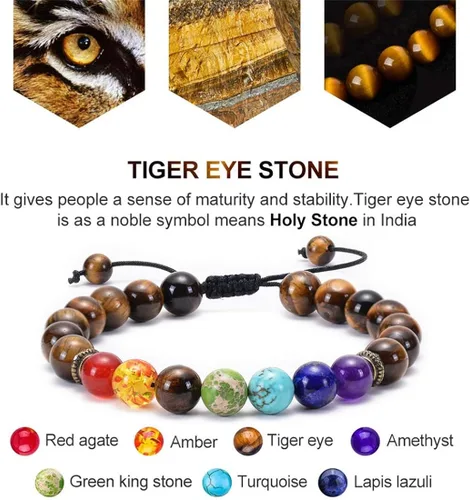 Vista 6 de Brazalete GelConnie de piedras de lava, 7 chakras, 0.32 pulgadas, piedra natural, para curación, alivio del estrés, yoga, ansiedad, aromaterapia