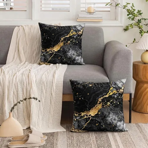Vista 3 de Yobvec Juego de 2 fundas de almohada de 18 x 18 pulgadas, color negro dorado y gris, fundas de cojín decorativas de mármol abstracto, decoración