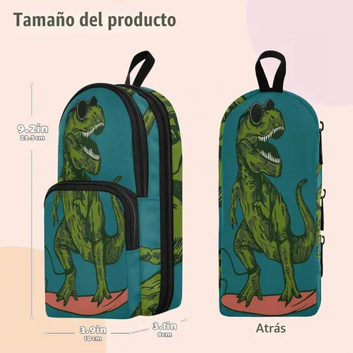 Vista 3 de Estuche para lápices de surf de dinosaurio verde de gran capacidad, con compartimento, organizador de papelería con forma de mochila escolar para G10