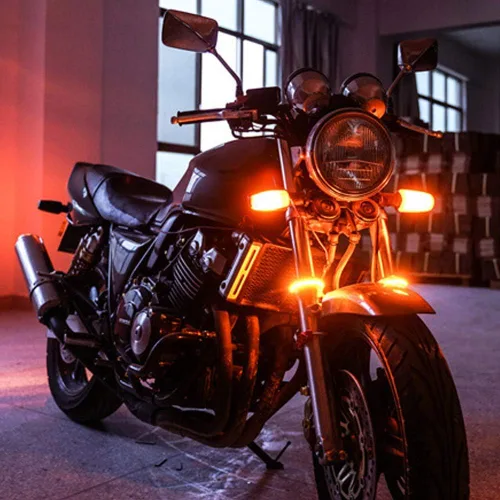 Vista 7 de 2 piezas flexibles Switchback de doble color blanco y ámbar para motocicleta LED horquilla intermitentes DRL luz diurna impermeable ajustable kit