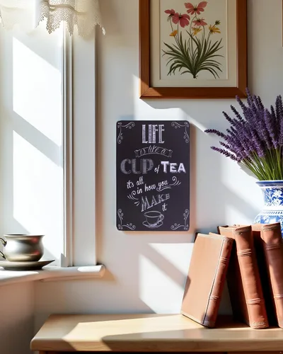 Vista 8 de ARTCLUB Placa de metal con texto en inglés "Enjoy Your Life" ("Life is Like a CUP of Tea") con texto en inglés "Enjoy Your Life", placa antigua