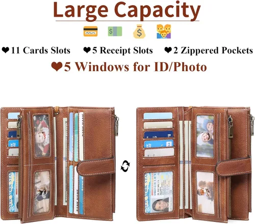 Vista 2 de GOIACII Carteras para Mujer de Gran Capacidad Portador de Tarjetas de Crédito Cartera Rfid Mujer Doble Cremallera Bolsillo Cuero Bifold para Damas