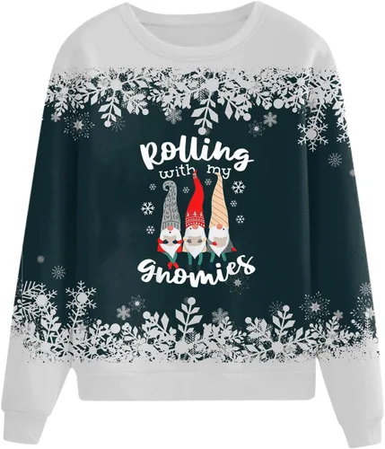 Vista 2 de eguiwyn Sudadera de Navidad para mujer, de manga larga, con bonito estampado de Papá Noel, cuello redondo, sin botones
