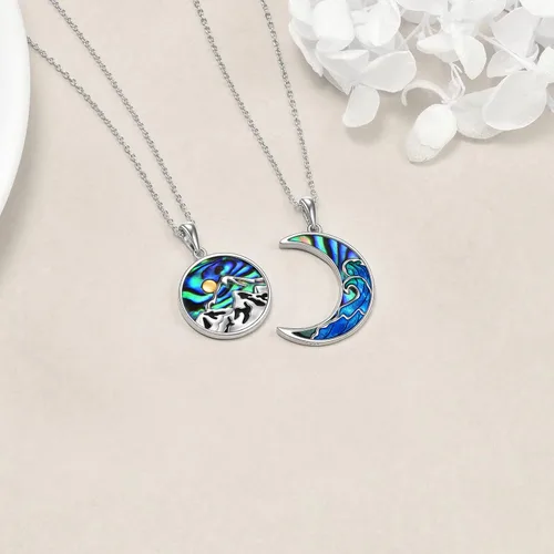 Vista 5 de Collar de plata de ley con ola del océano de montaña, collar a juego para él y ella, regalo de joyería para mujeres, hombres, parejas, novia, novio