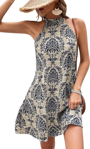 Vista 5 de WDIRARA Vestido de mujer con estampado bohemio, dobladillo acampanado, sin mangas, con lazo en la espalda, con cinturón