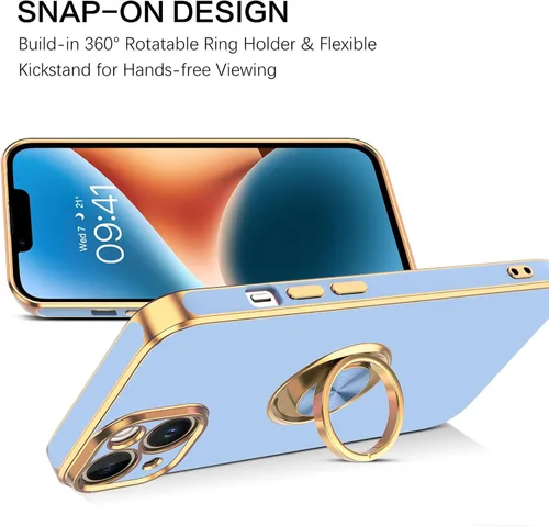 Vista 4 de BENTOBEN Funda para iPhone 14 Plus, soporte de anillo delgado con soporte, protección a prueba de golpes, parachoques de TPU suave, azul claro