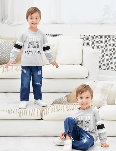 Vista 3 de oklady Ropa para niño pequeño, sudadera de manga larga con letras y pantalones de mezclilla rasgados, trajes de otoño e invierno para niños, 2-6T