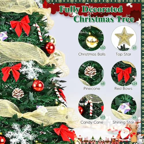 Vista 3 de Árbol de Navidad artificial preiluminado de 1,8 m, con control remoto, 150 luces LED cálidas, cinta dorada, fácil de montar, plegable