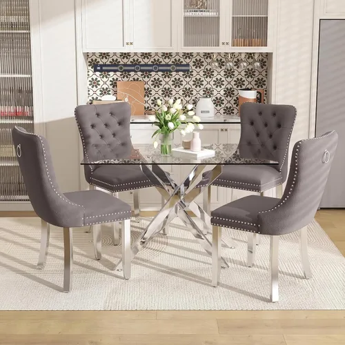Vista 16 de Juego de mesa de comedor de 51 pulgadas de vidrio para 4, mesa de cocina rectangular de vidrio con 4 sillas tapizadas con acentos de terciopelo