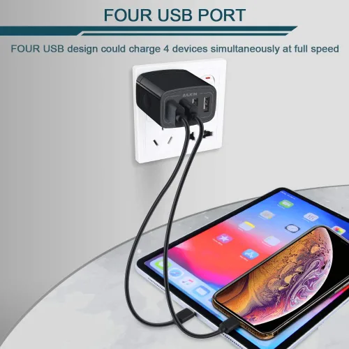 Vista 5 de Cargador de pared, adaptador de cargador USB, estación de carga rápida AILKIN 4.8A, 4 puertos múltiples, bloque de base de alimentación, enchufe