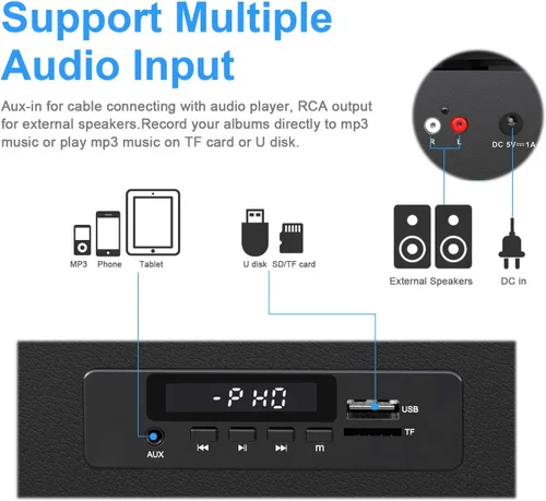Vista 3 de Tocadiscos de vinilo Bluetooth con dos altavoces incorporados, grabación USB, transmisión por correa, 3 velocidades, tocadiscos para discos