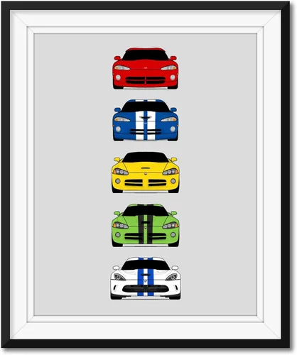Vista 6 de Custom Car Posters Póster hecho a mano compatible con Dodge Viper Generations e impresión de Viper R/T GTS SRT10, color rojo con rayas blancas, 3.