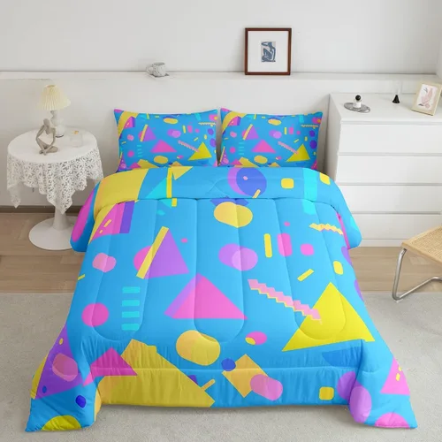 Vista 31 de Juego de edredón de estilo retro de los años 80, juego de ropa de cama de patrón geométrico abstracto, diseño urbano moderno con círculos
