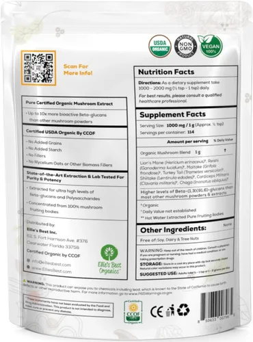 Vista 4 de Ellie's Best Suplemento orgánico de mezcla de extracto de polvo de 7 hongos, 114 porciones Cordyceps de doble extracción de alta potencia, Reishi