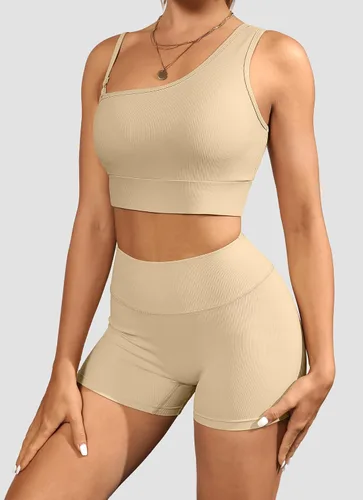 Vista 3 de Conjuntos de entrenamiento para mujer, trajes de 2 piezas, un hombro, sin costuras, brasier deportivo de cintura alta, pantalones cortos