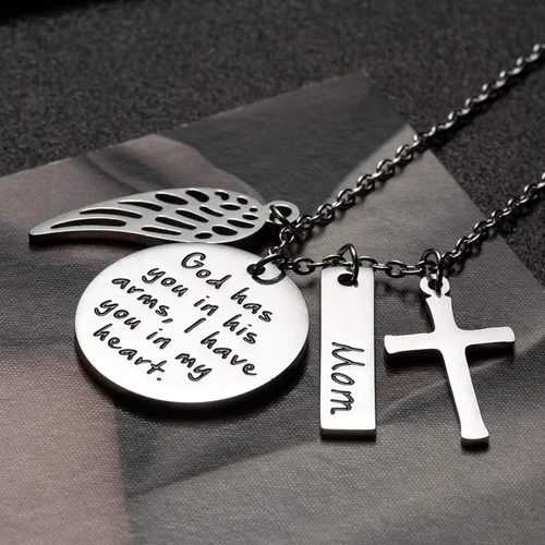 Vista 4 de JoycuFF Regalos conmemorativos, collar de condolencias por la pérdida de papá, mamá, marido, joyería de recuerdo, alas de ángel, colgante de acero