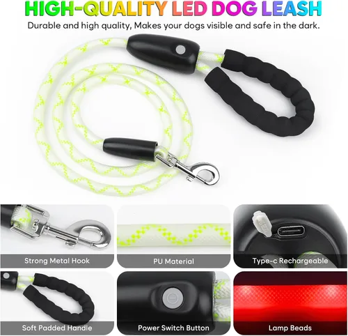 Vista 4 de YFbrite Correa de perro de 4 pies iluminada con 15 modos de parpadeo - Correa de perro LED súper brillante para perros pequeños, medianos y grandes