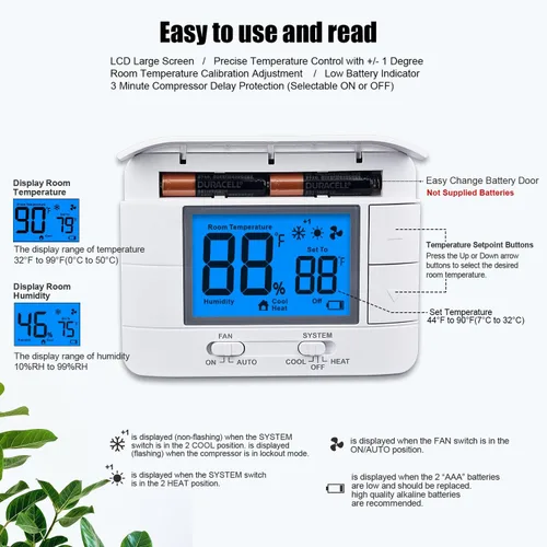 Vista 4 de Termostato no programable para el hogar - Multietapa 2H/2C, con gran pantalla LCD de temperatura y humedad ambiente