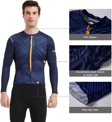 Vista 45 de Santic - Camiseta de ciclismo para hombre, manga larga, reflejante, cremallera completa, con bolsillos