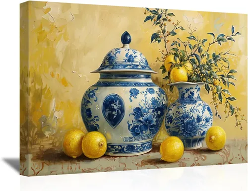 Vista 8 de SWQYLB Arte de pared de limón para cocina, cuadro vintage de frutas cítricas, impresiones en lienzo amarillo limón con cerámica azul, pintura