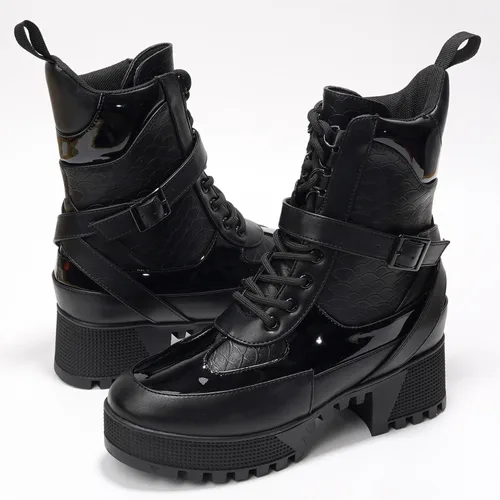 Vista 7 de Botas de combate de tacón grueso para mujer con plataforma y cordones, botines altos de otoño e invierno para ropa urbana, tacón de bloque Negro