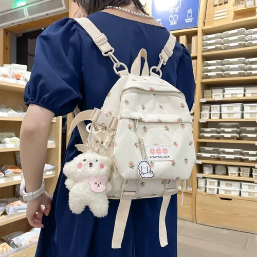 Vista 2 de Mochila estética Kawaii de 10.6 pulgadas con colgante mini mochila escolar linda mochila escolar japonesa mochila de flores, Blanco, Kawaii