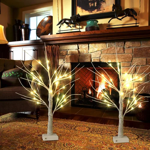 Vista 8 de Juego de 2 luces blancas cálidas para árbol de abedul, 24 luces LED parpadeantes para decoración de interiores 2pcswarm blanco