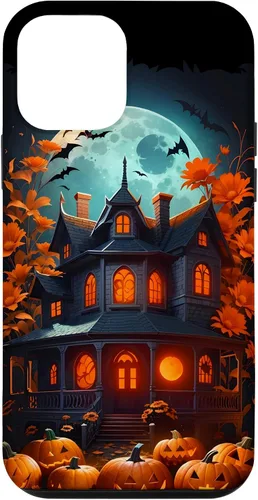 Vista 16 de iPhone 16 Halloween Spooky Haunted House Bats & Carved Pumpkins Case