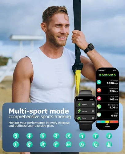 Vista 5 de Black Smart Watch for Men Women, Bluetooth Call, 2.06" HD AMOLED Fitness Tracker, 118 Sports Modes, Blood Pressure/Heart Rate/SpO2/Sleep Monitor