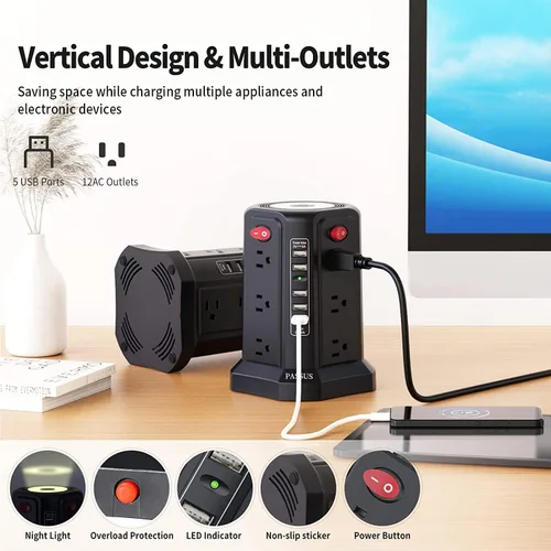 Vista 4 de Regleta de protección contra sobretensiones con torre y 5 puertos USB y luz nocturna, cable de extensión de 10 pies con 12 tomas múltiples de CA
