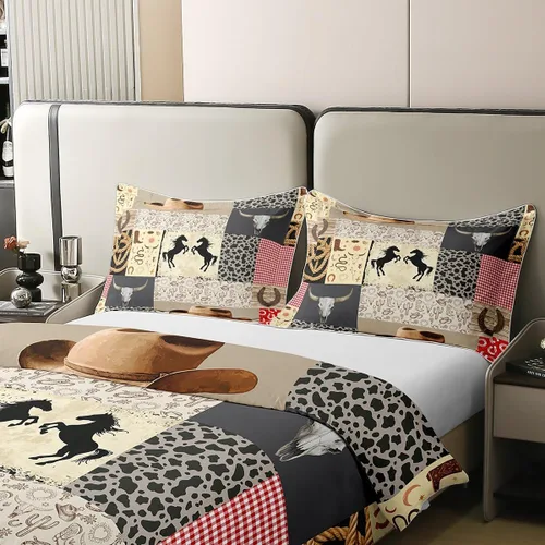 Vista 4 de Juego de funda de edredón de vaquero occidental, 100% algodón, para niños y niñas, juego de funda de edredón con estampado de piel de vaca