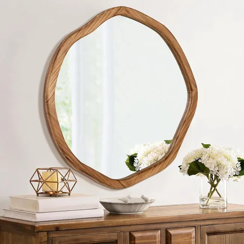 Vista 7 de ULIKE Espejo redondo de madera, espejo de pared circular irregular de 24 pulgadas con marco de madera, soporte de pared decorativo rústico