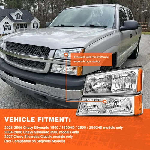 Vista 3 de 2003 2004 2005 2006 Conjunto de faros delanteros Chevy Silverado para 03 04 05 06 Chevy Silverado Avalanche 1500/2500/3500 Carcasa cromada Reflector