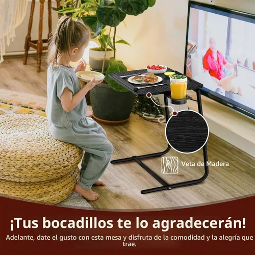 Vista 3 de Bandeja de TV ajustable para cena negra, bandejas plegables para comer en el sofá, mesas de madera, soporte mate, escritorio plegable con portavasos