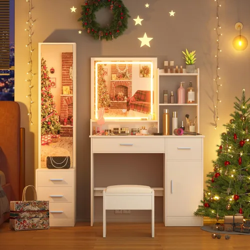Vista 8 de INTERGREAT Escritorio de tocador de maquillaje con luces y espejo de longitud completa, juego de mesa de tocador blanca con 3 modos de iluminación