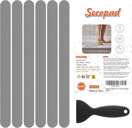 Vista 9 de Secopad Tiras adhesivas antideslizantes para bañera con raspador, 36 unidades, transparente Original Safety Anti-Slip Treads, Comfortable PEVA