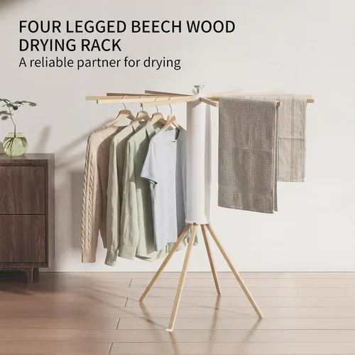 Vista 3 de LEQ Tendedero plegable para ropa interior con 4 pies de soporte, tendedero de ropa para apartamento con 12 brazos de secado de madera