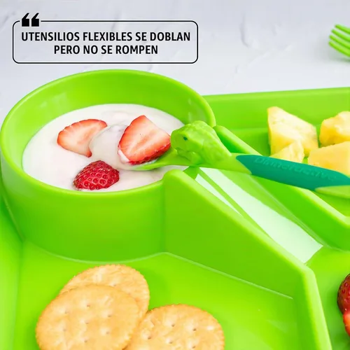Vista 6 de Juego de vajilla Dinneractive para niños - 3 piezas de vajilla verde de dinosaurios - Utensilios de dinosaurios - Platos para niños pequeños