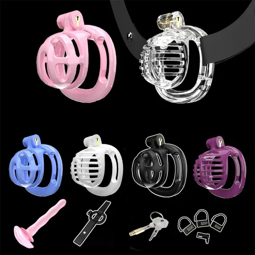 Vista 8 de Heuceo Jaula de castidad pequeña y ligera con 4 anillos y cinturón de castidad y dilatador uretral de silicona para hombre, mini jaula de pene liso