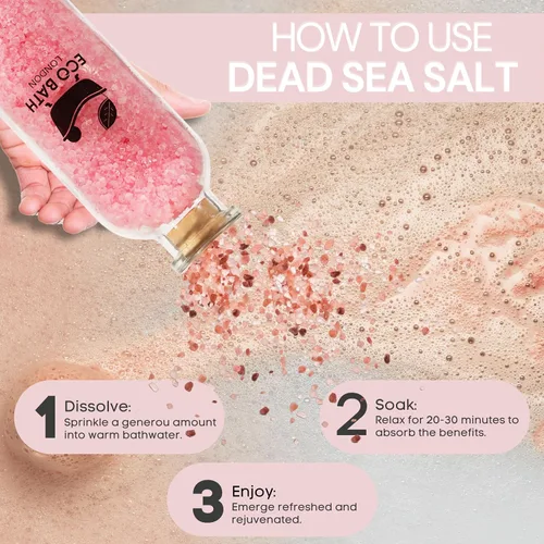 Vista 4 de Eco Bath London Sal del Mar Muerto de baño de sal – Rosa, magnesio rico en minerales y relajación – 10.6 oz – 100% natural, relajante baño de spa