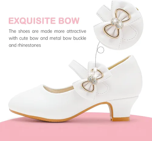 Vista 4 de Dufannie Zapatos de vestir para niñas, zapatos de tacón bajo de princesa, zapatos planos con purpurina para bodas y fiestas