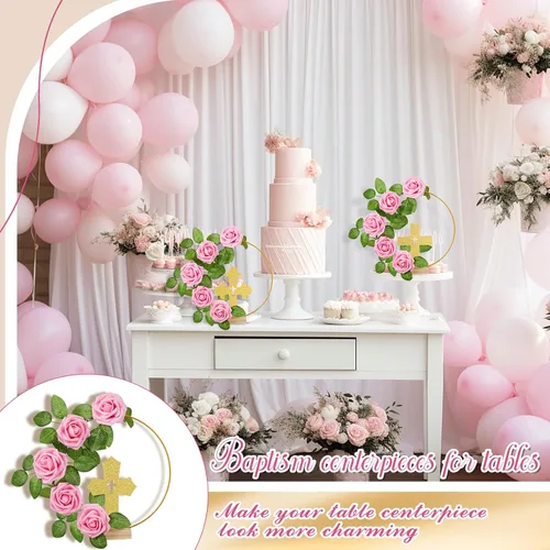 Vista 4 de Wesiti 48 piezas Centro de mesa para bautizo, decoración de mesa para primera comunión, 12 cruces de madera, 12 aros florales con soporte, 24 rosas