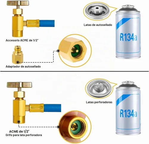 Vista 3 de Kit de recarga de refrigerante R134a, kit de manguera de recarga de CA con manómetro, manguera de recarga de grifo de freón R134a con acoplador