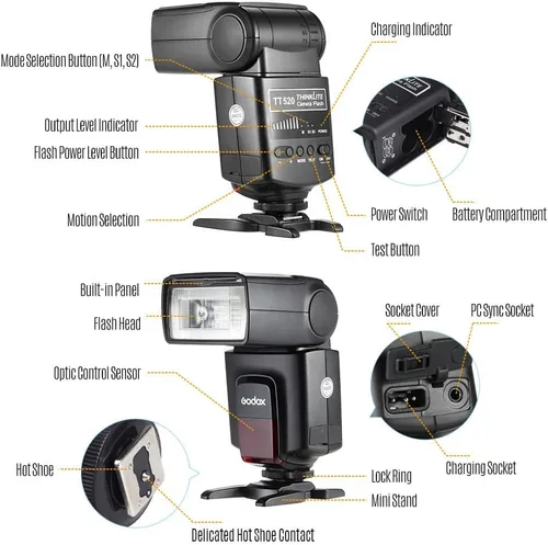 Vista 5 de Godox 2 flash electrónico universal TT520Ⅱ para cámara Speedlite + AT-16 2.4G transmisor de gatillo inalámbrico número 33 S1 S2 modos de repuesto