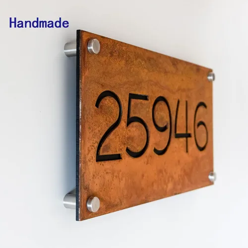 Vista 4 de Placa de números de casa de hierro oxidado con dirección, placa de dirección, números de casa para exteriores modernos