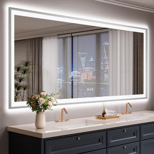 Vista 19 de Espejo de baño LED de 24x28 pulgadas con marco negro, espejos de baño retroiluminados y con luz frontal para pared, antiempañamiento, regulable
