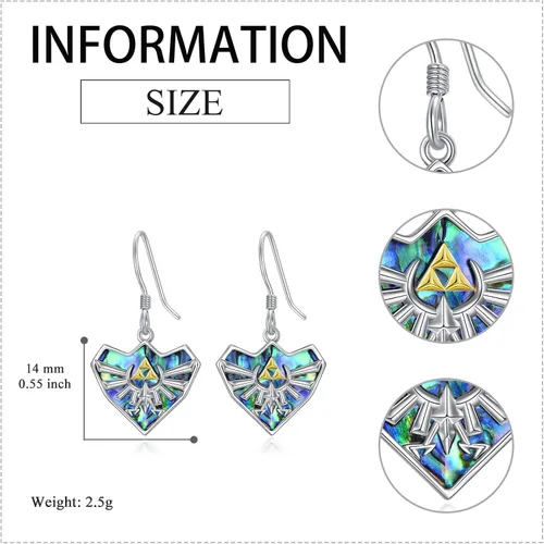 Vista 4 de YFN Zelda - Aretes colgantes de plata de ley con diseño de triforce Zelda, con temática de abulón, joyería Zelda para mujeres, hombres y niñas