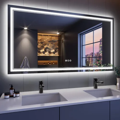 Vista 8 de Espejo de baño LED de 24 x 28 pulgadas, luz frontal y retroiluminada, antiniebla, regulable, espejo de tocador iluminado con memoria, espejo LED