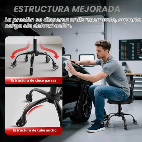 Vista 5 de Taburete Rodante de Taller con Ruedas, Silla de Garaje para Mecánicos con Altura Ajustable 39.5-46.5 cm, Asiento Giratório Resistente para Garaje